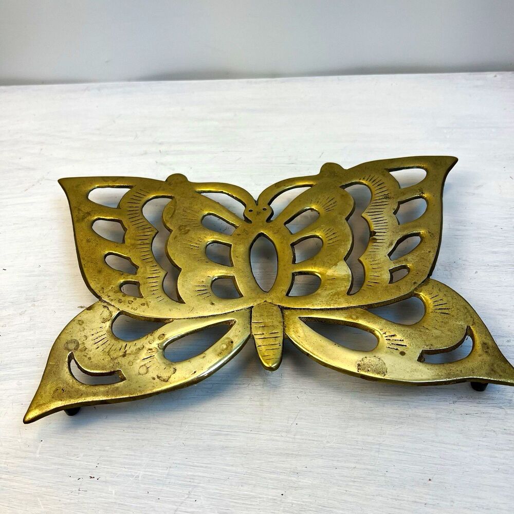 Vintage Lenwile Ardalt Brass Butterfly Trivet Footed Korea 10” Kitchen Decor